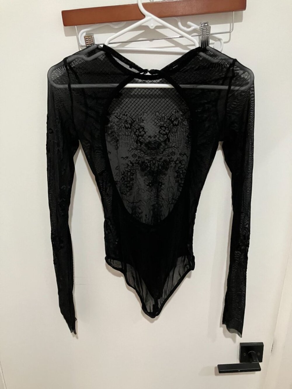 Black Mesh Long Sleeve Bodysuit Sheer Floral Lace Cutout Open Back XS